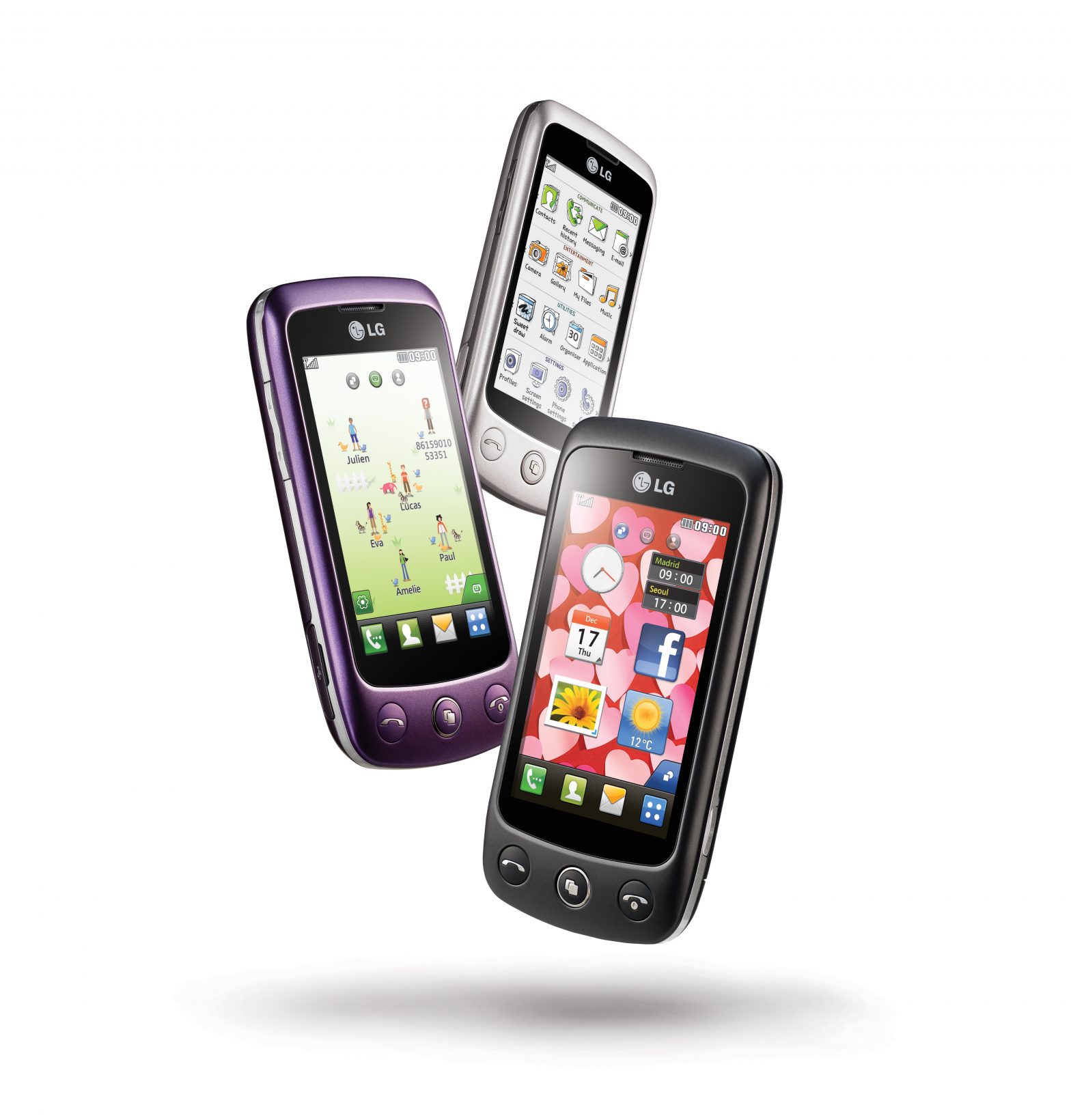 Three LG Cookie Plus smartphones in black, purple and white as if floating in the air