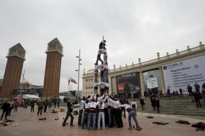 Participants perform one of Catalonia’s world-famous human towers next to the Venetian Towers at Plaza Españaat as part of the LG Mini Social event in Barcelona.