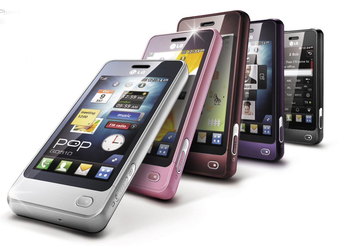 All five color variants of the LG Pop – white, pink, brown, purple and black – pictured while performing the domino effect