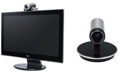 LG Network Monitor E Series with the camera placed on top of an LG monitor on the left, and a camera by itself on the right