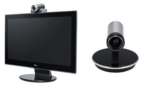 LG Network Monitor E Series with the camera placed on top of an LG monitor on the left, and a camera by itself on the right