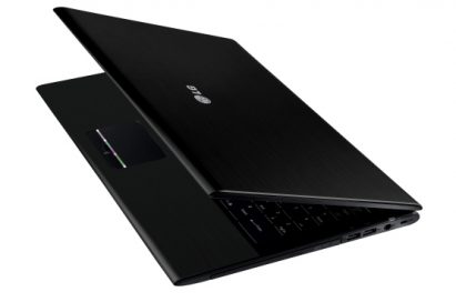 Side view of the black LG A510 laptop with its display open 45-degrees