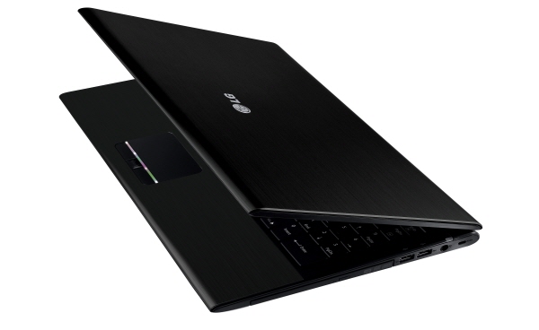 Side view of the black LG A510 laptop with its display open 45-degrees