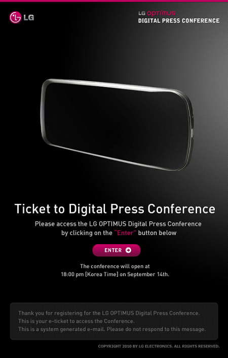 Invitation to the LG Optimus Digital Press Conference with the silhouette of a new device.