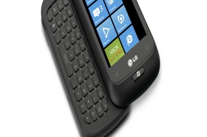 The LG Optimus 7Q laid down in a diagonal position with its slidable keyboard open