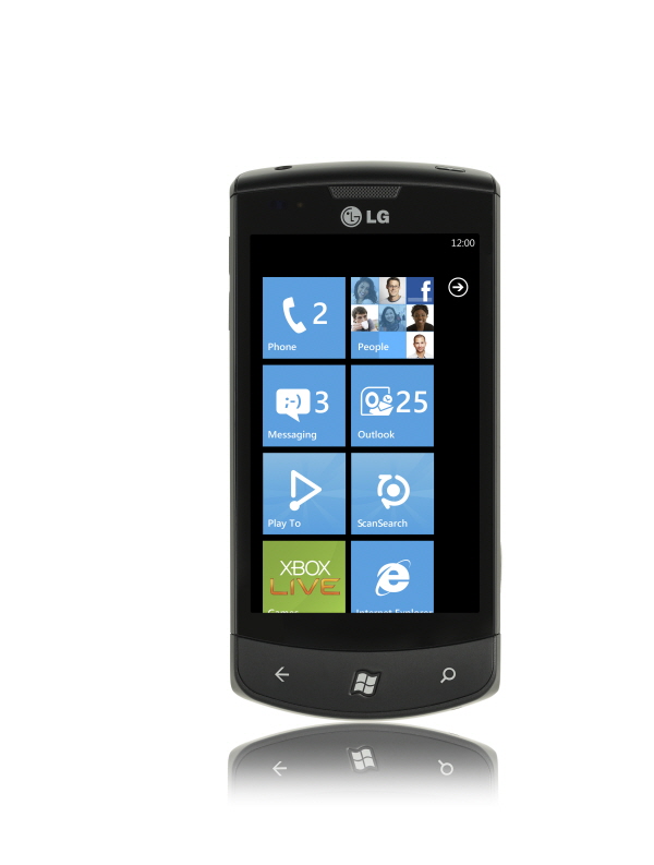 Front view of the LG Optimus 7 with a blue-themed user interface