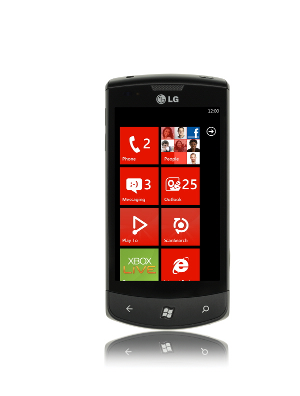 Front view of the LG Optimus 7 with a red-themed user interface