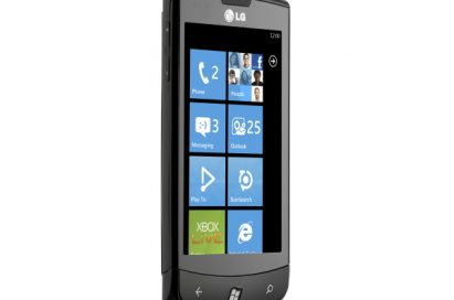 Front view of the LG Optimus 7 facing 20-degrees to the right