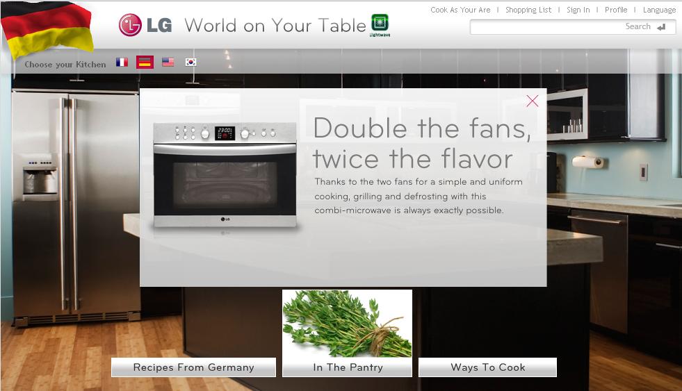 Screenshot of LG’s online cooking portal home page