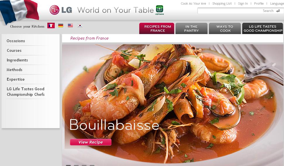 Screenshot of LG’s online cooking portal ‘recipes from France’ section