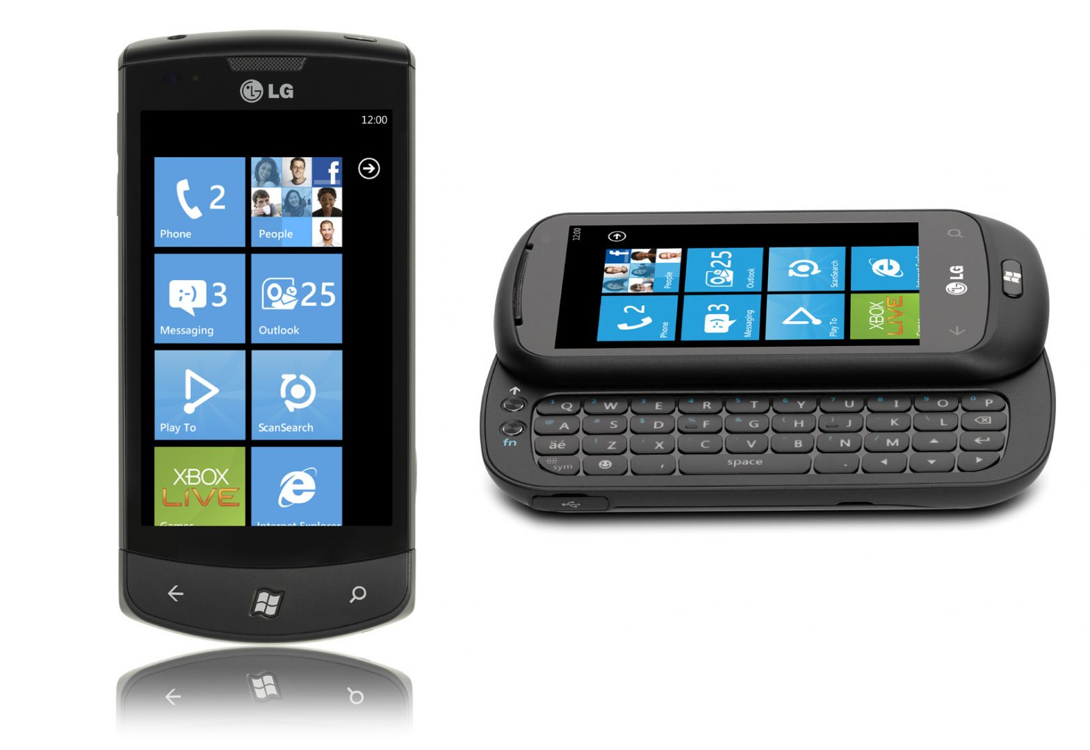 Front views of LG Optimus 7 and LG Quantum that support Microsoft’s Window Phone 7 applications