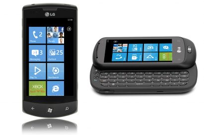 Front views of LG Optimus 7 and LG Quantum that support Microsoft’s Window Phone 7 applications