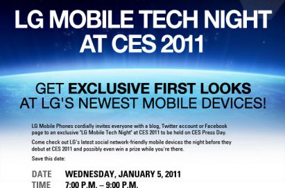 An invitation to LG Mobile Tech Night at CES 2011 with the sentence ‘GET EXCLUSIVE FIRST LOOKS AT LG’S NEWEST MOBILE DEVICES!’ in bold