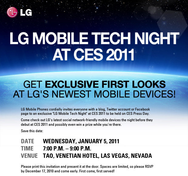 An invitation to LG Mobile Tech Night at CES 2011 with the sentence ‘GET EXCLUSIVE FIRST LOOKS AT LG’S NEWEST MOBILE DEVICES!’ in bold.