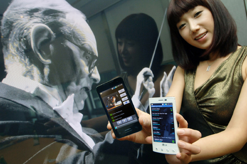 A female model holds black and white LG Optimus 2Xs in front of a photo of movie soundtrack maestro, Ennio Morricone