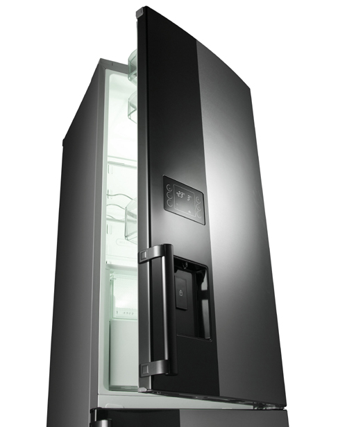 A picture of the LG Bottom-Freezer Refrigerator with its top door open 15 degrees