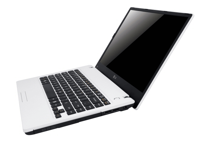 LG P420 notebook in white with black buttons with its display open.