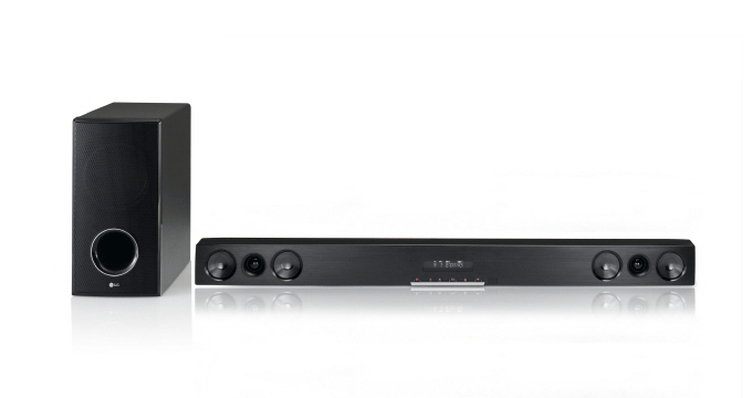 A front view of LG HD Soundbar model LSB316 next to the subwoofer.