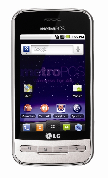 Front view of LG Optimus M in silver