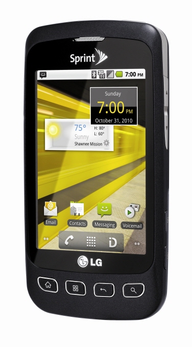 Front view of LG Optimus S in black facing slightly to the left