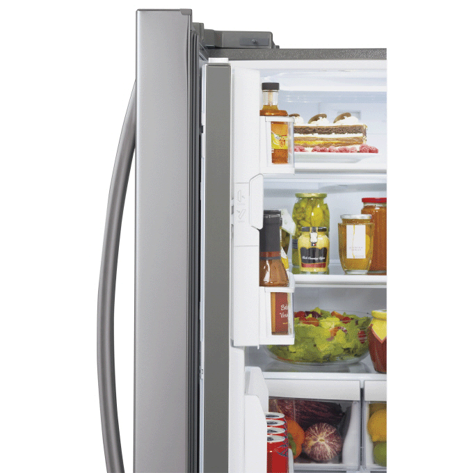 Side close-up view of LG new Four-Door French-Door refrigerator’s door bin space closed