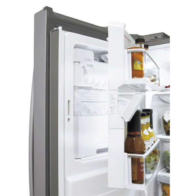 Side close-up view of LG new Four-Door French-Door refrigerator’s door bin space opened showing its Slim SpacePlus™ Ice System