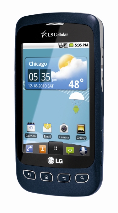 Front view of LG Optimus U in blue facing slightly to the left