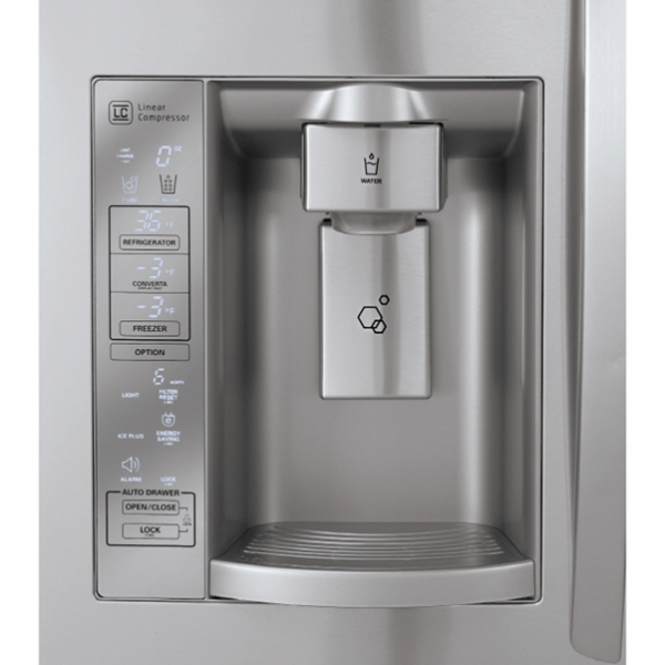 Close-up view of the new LG Four-Door French-Door refrigerator’s water dispenser