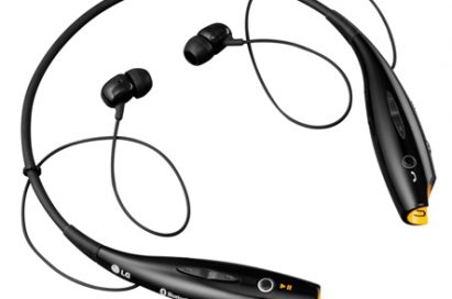 Upper view of the black and yellow LG HBS700 wireless stereo headset