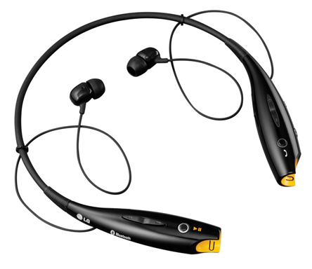 Upper view of the black and yellow LG HBS700 wireless stereo headset