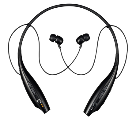 Birds-eye-view of the standard black LG HBS700 wireless stereo headset