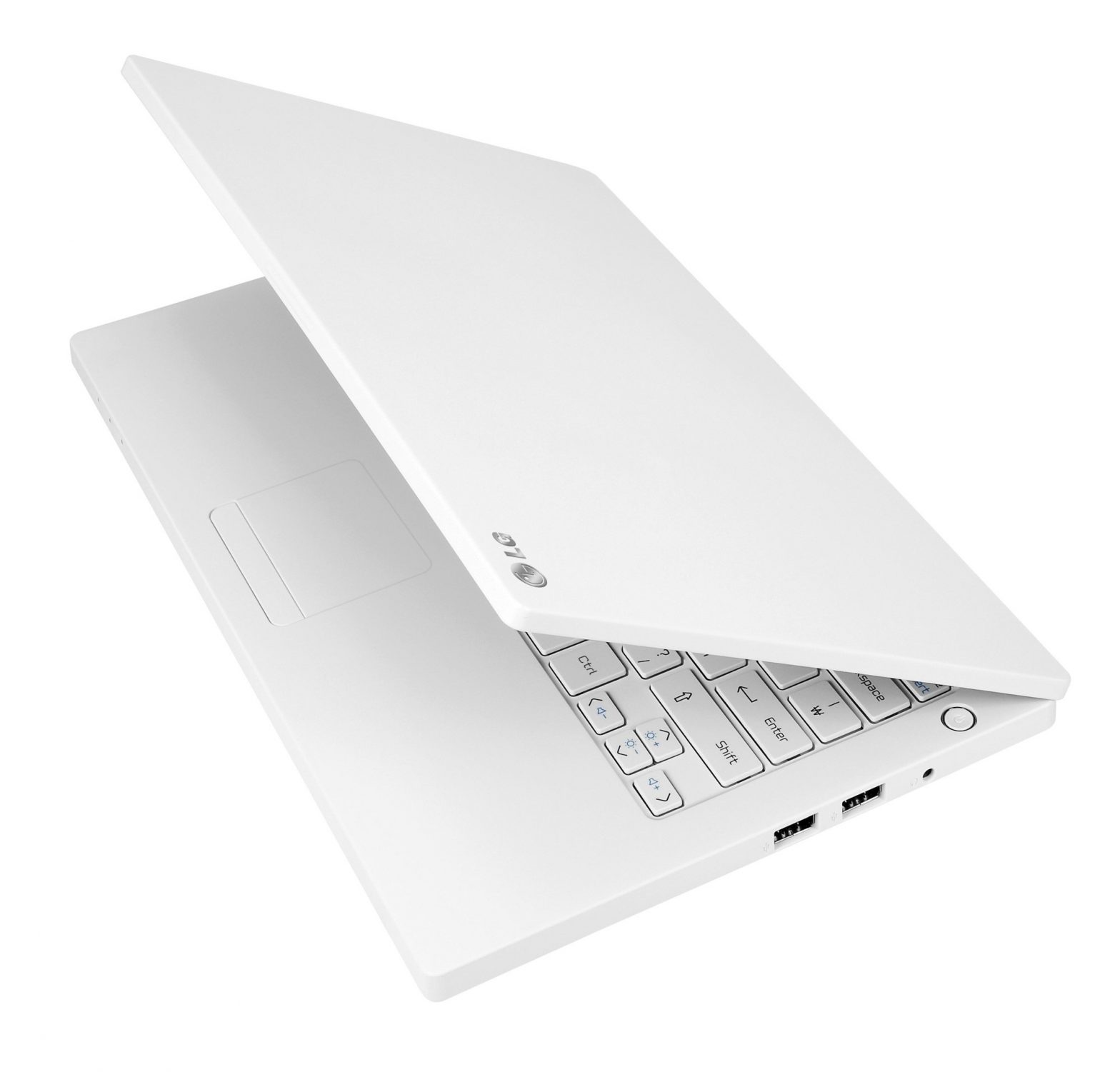 LG P210 notebook in white with its display open 45-degrees