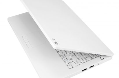 LG P210 notebook in white with its display open 45-degrees