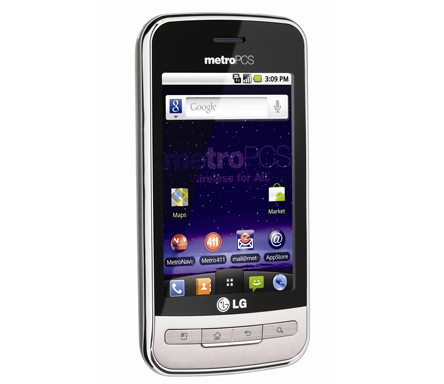 Front view of the white LG Optimus M facing 15-degrees to the right