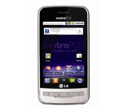 Front view of the white LG Optimus M