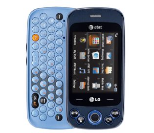 Front view of the blue LG Neon 2 with its light blue slidable keyboard open