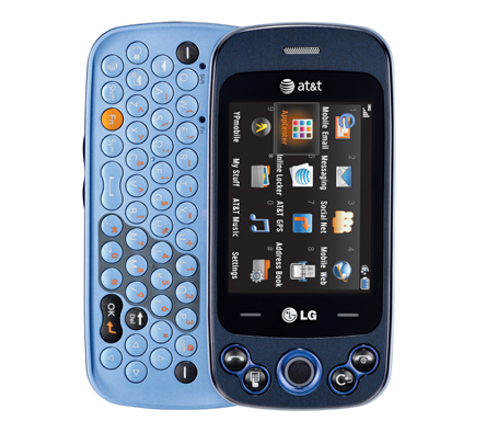 Front view of the blue LG Neon 2 with its light blue slidable keyboard open