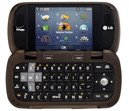 Rear view of the LG Octane while open, displaying the inside keyboard and display