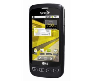 Front view of the black LG Optimus S facing 15-degrees to the left