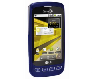 Front view of the blue LG Optimus S facing 15-degrees to the right