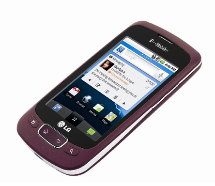 Front view of the purple LG Optimus T leaning 45-degrees to the right