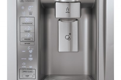 Close-up view of the new LG Four-Door French-Door refrigerator’s water dispenser