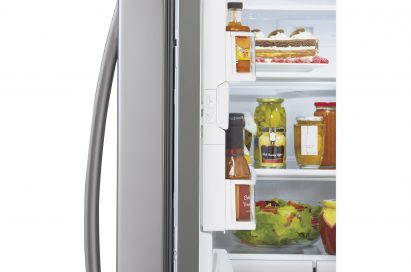 Side close-up view of LG new Four-Door French-Door refrigerator’s door bin space closed