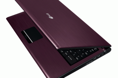 LG A520 notebook in purple with its display open 45-degrees