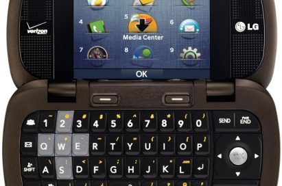 Front view of LG Octane on its side with a full QWERTY keyboard