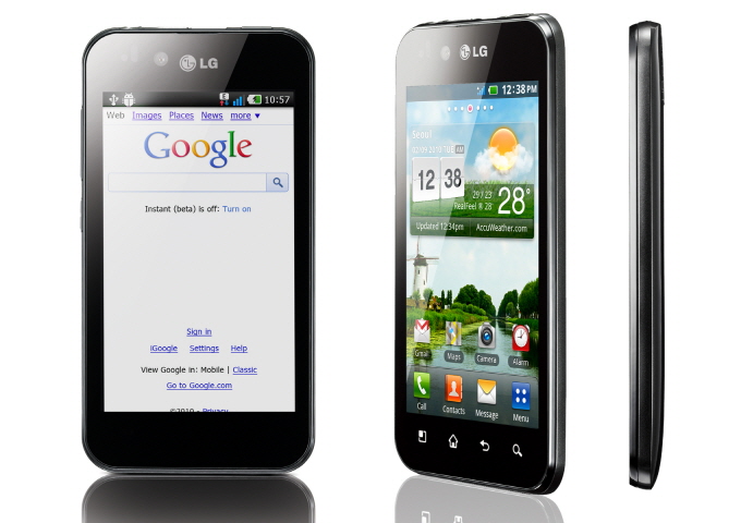 Front view, 45-degree view and side view of LG Optimus Black