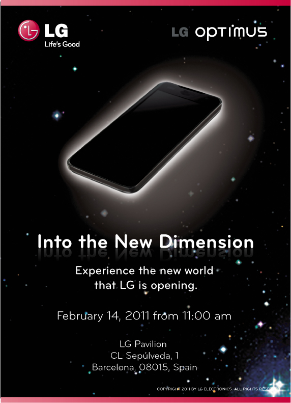 Invitation to the LG Optimus 3D Press Conference with a silhouette of a new device and the slogan, ‘Into the New Dimension’