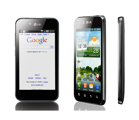 A front, side and 30-degree front view of the LG Optimus Black