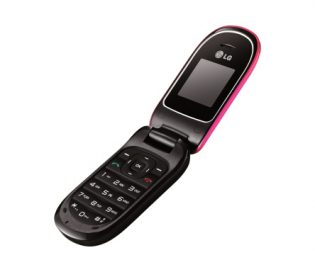 Front view of the LG A170 / A175 flip phone in Romantic Pink while open