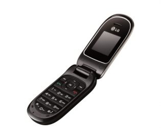 Front view of the LG A170 / A175 flip phone in Titan Silver while open